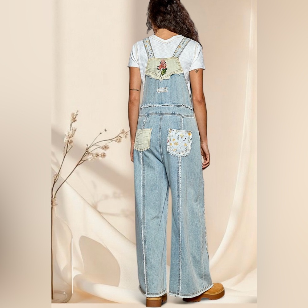 POL Floral Patchwork Jean Overalls Embroidered Bohemian Denim Jumpsuit - Picture 4 of 8